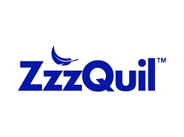 The ZzzQuil logo features the brand name “ZzzQuil” in bold, dark blue letters with a crescent moon and a small feather-like swoosh above the “Z,” symbolizing restful sleep.