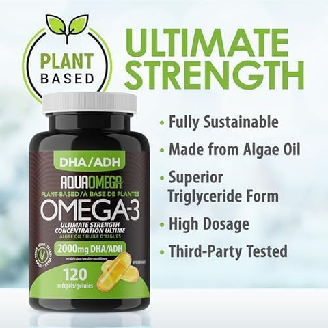 AquaOmega Omega-3 Plant-Based Ultimate Strength 2000mg 120 Softgels - Yeswellness.com