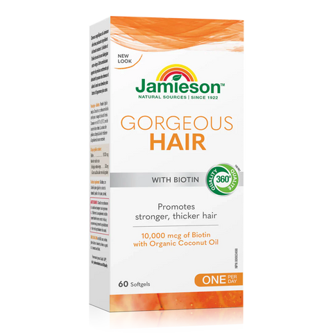 Expires June 2026 Clearance Jamieson Gorgeous Hair 10,000mcg Biotin with Organic Coconut Oil 60 Softgels