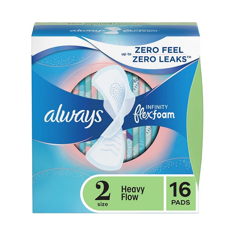 Always Infinity FlexFoam Pads Size 2 Heavy Flow Absorbency with Wings Unscented 16 Pads