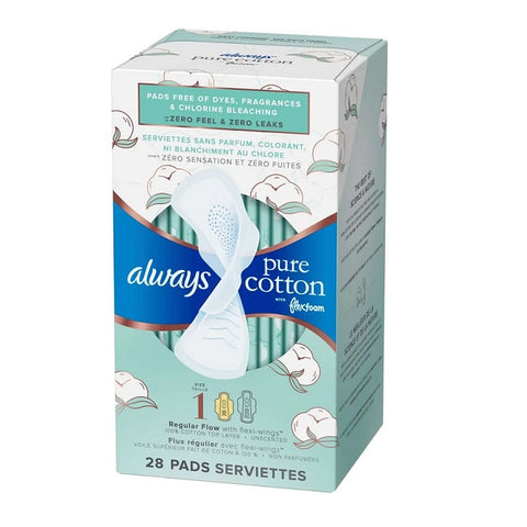 Always Pure Cotton with FlexFoam Pads Size 1 Regular Absorbency with Wings Unscented 28 Pads - YesWellness.com
