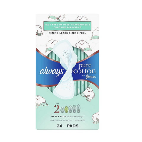 Always Pure Cotton with FlexFoam Pads Size 2 Heavy Flow Absorbency with Wings Unscented 24 Pads