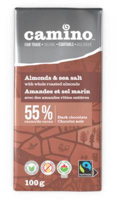 Camino Organic Almonds & Sea Salt with Whole Roasted Almonds 55% Cacao Dark Chocolate 100g