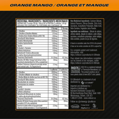 Cellucor C4 Ultimate Orange Mango Pre Workout Powder 20 Servings 370g