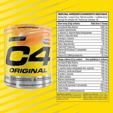 Cellucor C4 Original Orange Popsicle Pre Workout Powder Sugar Free 60 Servings 336g
