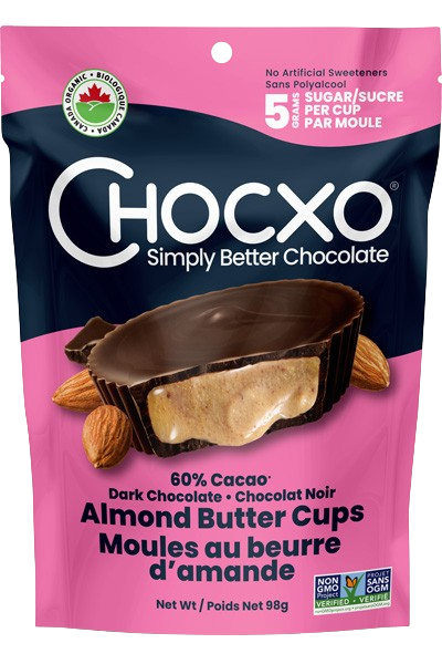 Expires February 2026 Clearance ChocXO Organic Dark Chocolate Cups Almond Butter 98g