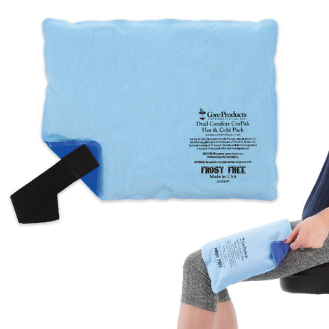 Light blue frost free hot and cold therapy pack shown flat with a black strap and applied to a person's knee.
