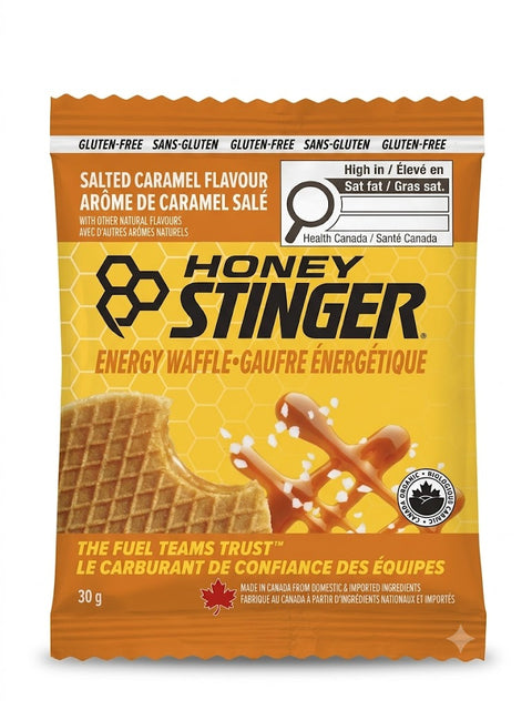 Honey Stinger salted caramel energy waffle 30g wrapper with Canadian Health Canada label markings.