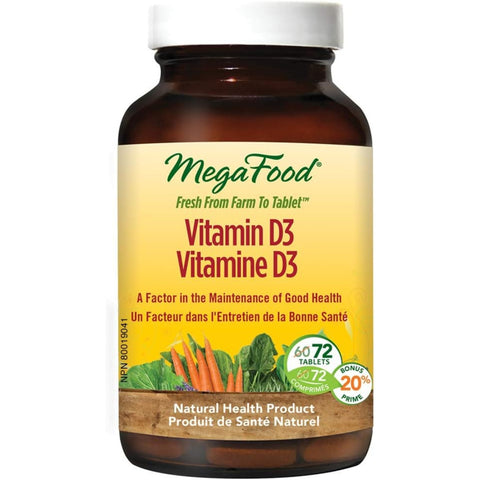 MegaFood Vitamin D3 1000 IU bottle containing 72 dietary supplement tablets with a 20 percent bonus prime logo.