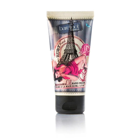 Barefoot Venus Ruby Red macadamia oil hand cream in a fifty milliliter squeeze tube with vintage retro artwork.