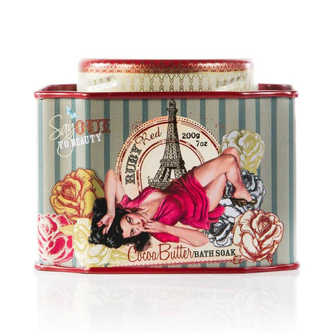 Barefoot Venus Ruby Red cocoa butter bath soak seven ounce rectangular tin with Eiffel Tower artwork.