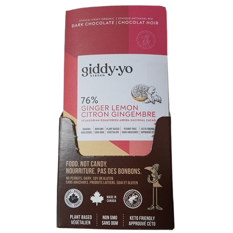Expires December 2025 Clearance Giddy Yo Ginger 76% Certified Organic Dark Chocolate Bars 20 Pack box