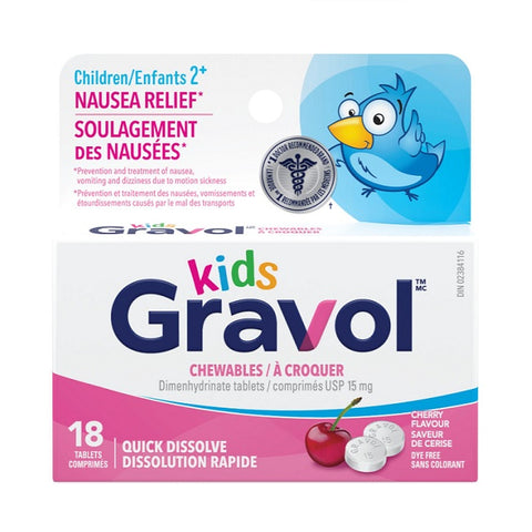 Gravol Kids Chewables Quick Dissolve Cherry Flavour 15mg 18 Tablets