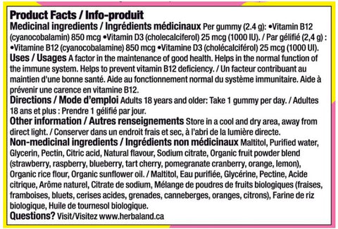 Herbaland Gummies for Adults Vegan D3 & B12 Raspberry Flavour 60 Gummies - YesWellness.com