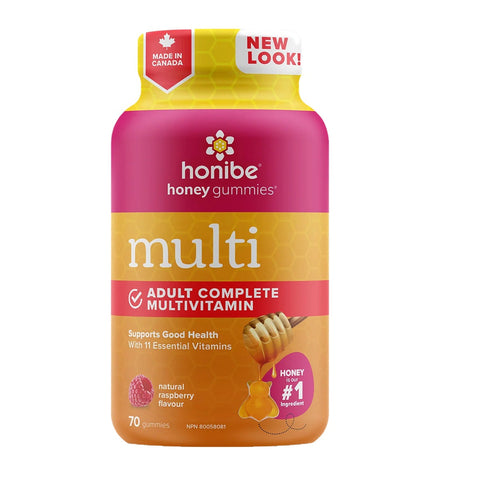 Expires March 2026 Clearance Honibe GummieBees Multi Complete Adult Multivitamin - Natural Raspberry Flavour 70 Gummies