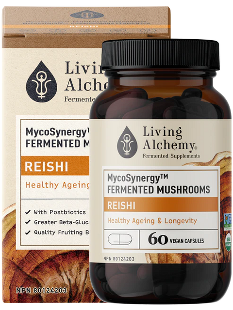 LivingAlchemy Reishi Fermented Mushrooms 60 Vegan Capsules Front With Box