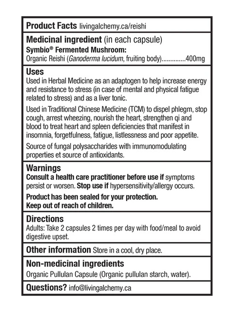 LivingAlchemy Reishi Fermented Mushrooms 60 Vegan Capsules Product Facts