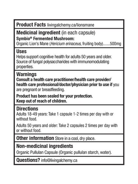 Living Alchemy LION’S MANE: Memory & Brain Support 60 Capsules Product Facts
