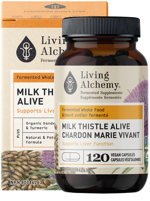 Living Alchemy MILK THISTLE ALIVE Supports Liver Function 120 Capsules Box With Bottle