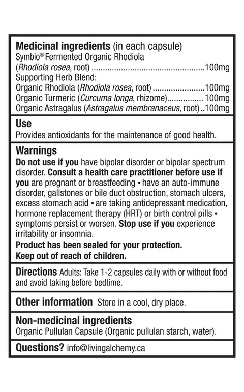 Living Alchemy RHODIOLA ALIVE Energy & Stamina 60 Capsules Product Facts
