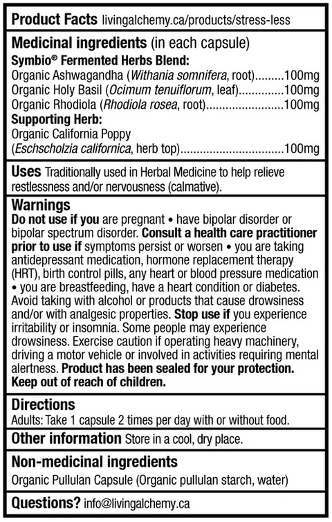 Living Alchemy STRESS LESS Daily Adrenal & Cortisol Support 60 Capsules Product Facts