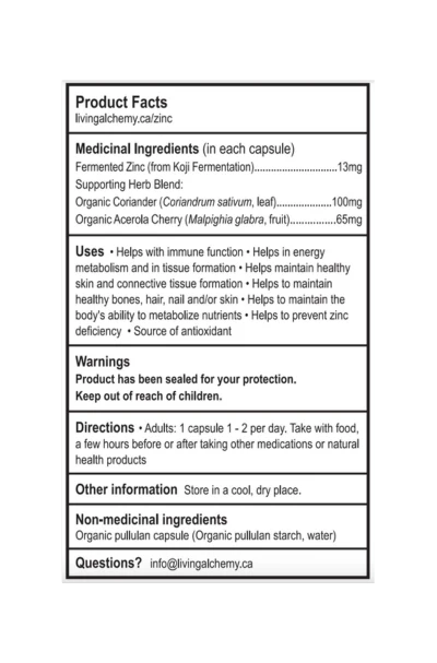 Living Alchemy ZINC ALIVE Immune Energy & Skin Support 60 Capsules Product Facts