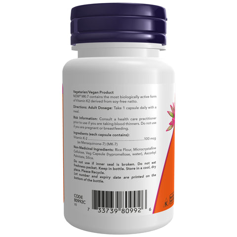 NOW MK-7 Vitamin K-2 100mcg 60Vcap - YesWellness.com