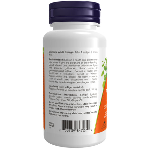 NOW Peppermint Oil 180mg Ent.Coat with Fennel Ginger 90 Gel