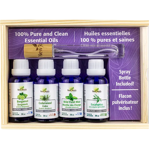 New Roots Herbal Essential Oils Gift Set 4 Pure Essential Oils + Spray Bottle