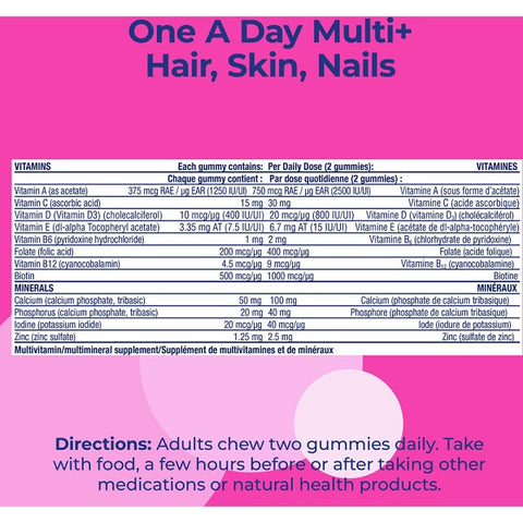 One A Day Multi+ Hair, Skin & Nails Support Complete Multivitamin 120 Gummies - Vitamins