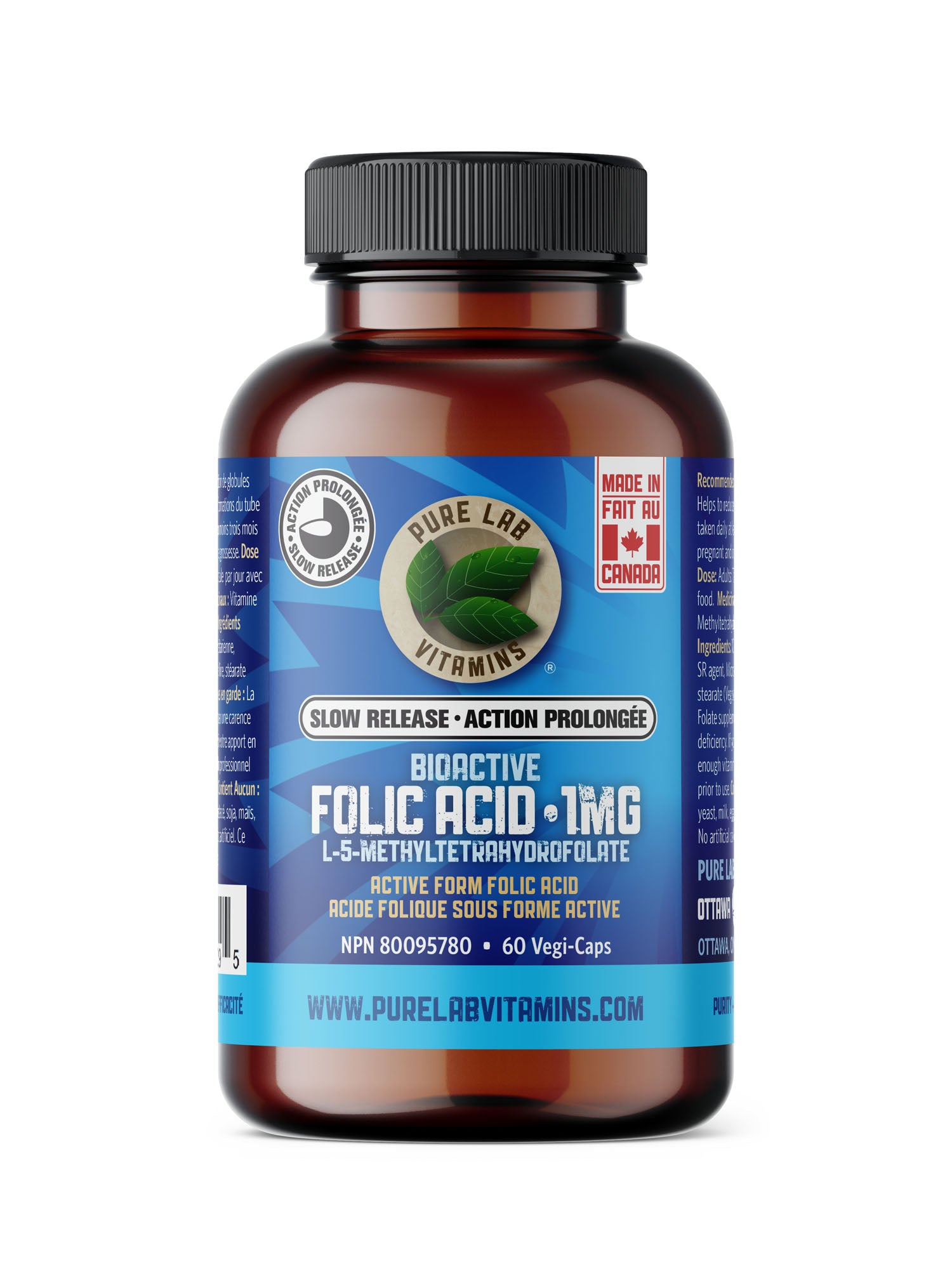 Pure Lab Vitamins Bioactive Folic Acid 1mg Slow Release 60 Veg Capsules