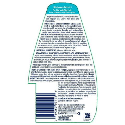 Selsun Blue Normal-Oily Hair Anti-Dandruff Shampoo Directions and Ingredients