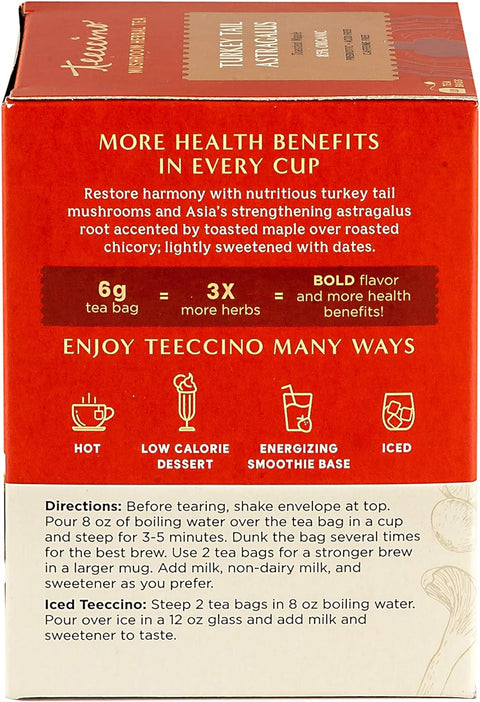 Teeccino Turkey Tail Astragalus Mushroom Herbal Tea - Benefits