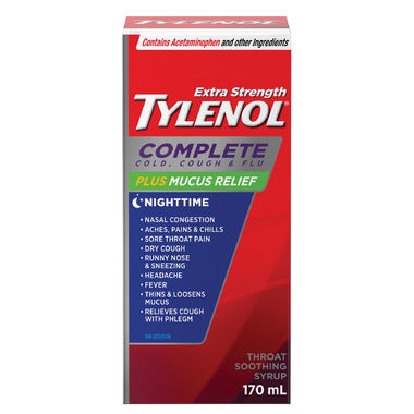 Expires May 2026 Clearance Tylenol Complete Cold Cough & Flu Plus Mucus Relief Nighttime 170mL
