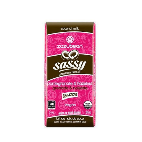 Zazubean Sassy Coconut Milk Pomegranate & Hazelnut 55% Cacao 85g