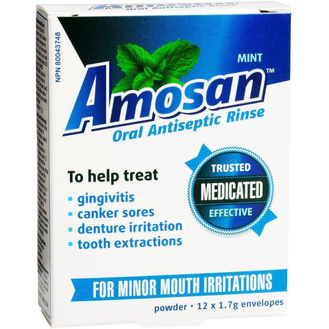 Amosan Oral Antiseptic Rinse Mint 12 x 1.7g Powder Envelopes - YesWellness.com