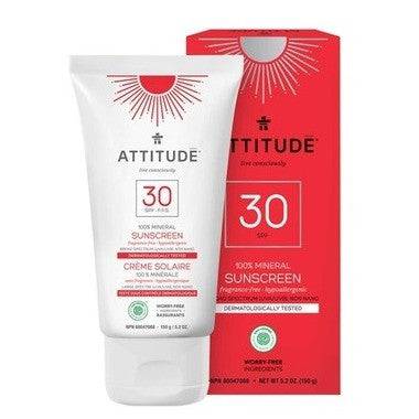 Attitude SPF 30 100% Mineral Sunscreen Adult Fragrance Free 150 g - YesWellness.com