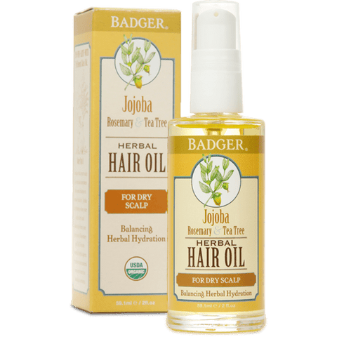 Badger Balm Jojoba with Rosemary & Tea Tree Herbal Hair Oil for Dry Scalp - Balancing Herbal Hydration 59.1mL - YesWellness.com