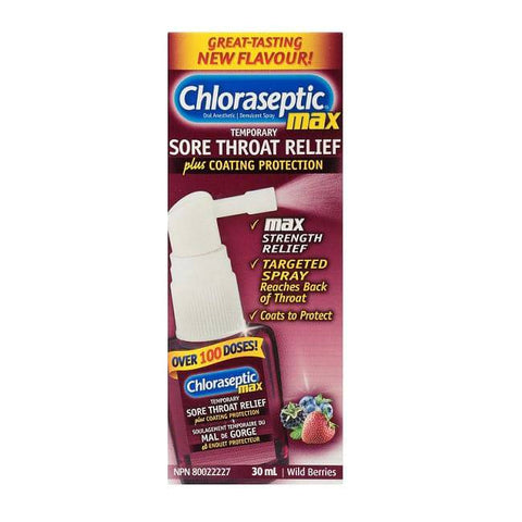 Chloraseptic Max Sore Throat Spray Relief Plus Coating Protection Wild Berry 30 ml - YesWellness.com