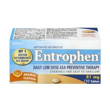 Entrophen Daily Low Dose 81mg ASA Preventative Therapy Orange Flavour Tablets - 120 chewable tablets - YesWellness.com