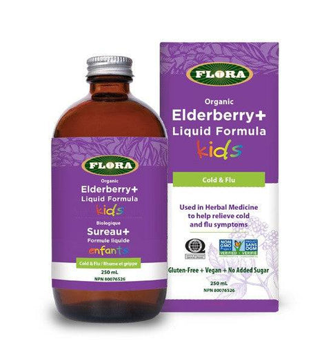 Expires February 2024 Clearance Flora Health Organic Elderberry+ Liquid Formula Kids Cold & Flu 250 ml