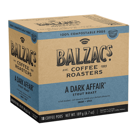 Expires March 2024 Clearance Balzac's Coffee Roasters A Dark Affair Coffee Pods - Stout Roast Smoky-Spicy 18 Count - YesWellness.com