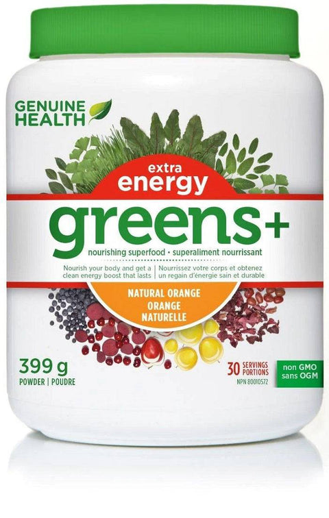 Expires March 2024 Clearance Genuine Health Greens+ Extra Energy - Natural Orange 399 grams - YesWellness.com
