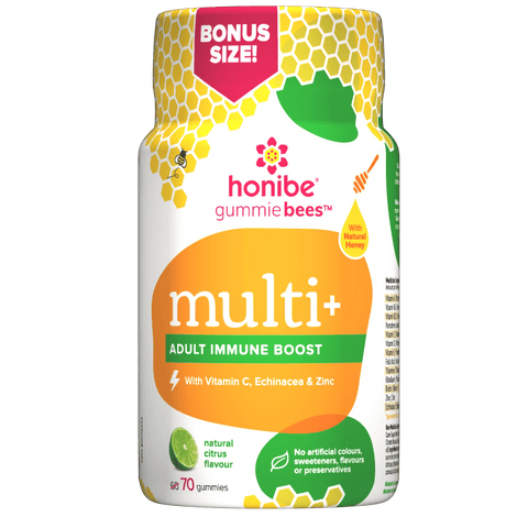 Expires March 2024 Clearance Honibe GummieBees Multi+ Adult Immune Boost with Vitamin C, Echinacea & Zinc - Natural Citrus Flavour 70 Gummies - YesWellness.com