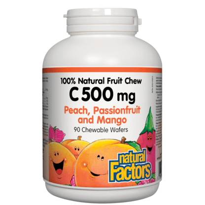 Expires March 2024 Clearance Natural Factors C 500mg 100% Natural Fruit Chew Peach, Passionfruit and Mango 90 Chewable Wafers - YesWellness.com