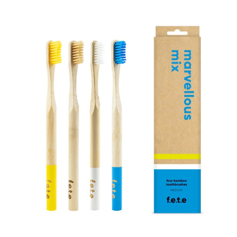 f.e.t.e Marvellous Mix Four Bamboo Toothbrushes Medium 4pk 