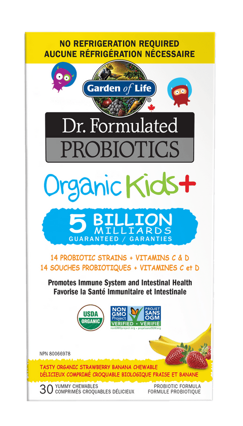 Garden of Life Dr. Formulated Probiotics Organic Kids+ Strawberry Banana Chewable (Shelf Stable) 30 Yummy Chewables - YesWellness.com