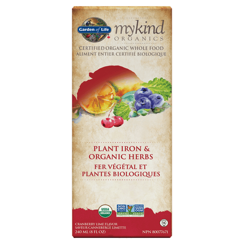 Expires July 2024 Clearance Garden of Life mykind Organics Plant Iron & Organic Herbs - Cranberry Lime Flavour 240mL - YesWellness.com