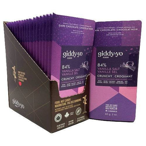 Giddy Yo Reborn 84% Vanilla Salt Crunchy Ecuadorian Dark Chocolate - Case of 20 Bars - YesWellness.com