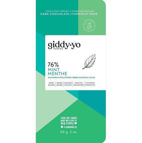 Expires February 2026 Clearance Giddy Yo Mint 76% Certified Organic Dark Chocolate Bars 62g